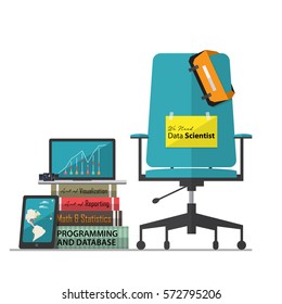 Job vacancy advertisement for Data Scientist with office workplace chair in flat design. Vector Illustration. 