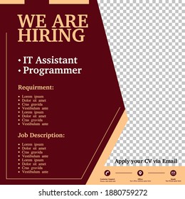 Job vacancy IT assistant and programmer design poster. We are hiring post feed on square design. Open recruitment design banner template. Social media find a job layout