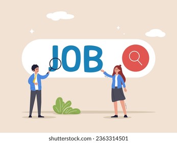 Job vacancy concept. Employees looking for job, Employees using magnifying glass searching a job on the search bar, looking for employment. Flat vector illustration.