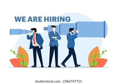 job vacancy concept. office worker holding binoculars, and binoculars. Business people looking for opportunities or new employees. HR, recruitment, career concept. flat vector illustration.