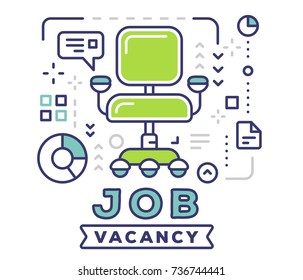 Job vacancy concept on light background with title. Vector illustration of big green color empty office armchair with icons. Thin line art design for web, site, banner, business presentation