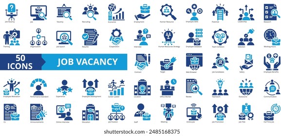 Job vacancy icon collection set. Containing online job search, requirements, recruiting, employment, human resource management, employee skills, career ladder icon. Simple flat vector illustration.