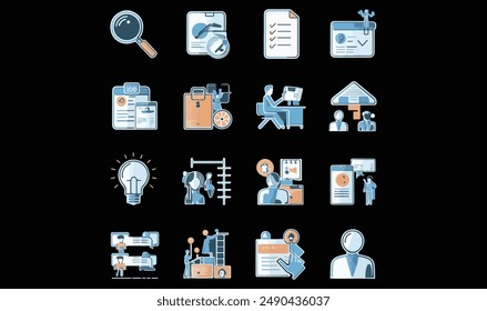 Job vacancy icon collection set. Containing online job search, requirements, recruiting, employment, human resource management, employee skills, career ladder icon. Simple flat vector illustration. 