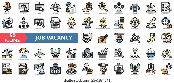 Job vacancy icon collection set. Containing online job search, requirements, recruiting, employment, human resource management, employee skills, career ladder icon. Simple flat outline color