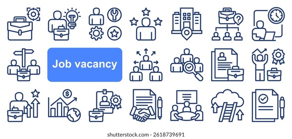 Job vacancy icon collection set. Containing online job search, requirements, recruiting, employment, human resource management, employee skills, career ladder icon. Simple flat vector illustration.