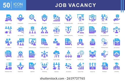 Job Vacancy icon collection set. Containing online job search, requirements, recruiting, employment, human resource management, employee skills, career ladder icon. Simple vector illustration.