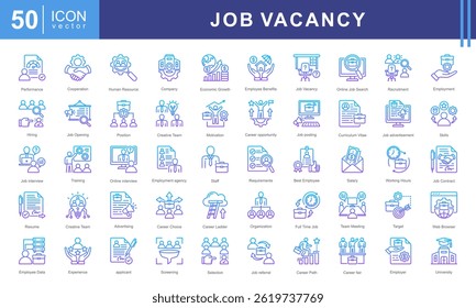 Job Vacancy icon collection set. Containing online job search, requirements, recruiting, employment, human resource management, employee skills, career ladder icon. Simple vector illustration.