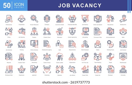 Conjunto de colecciones de icono de vacante de trabajo. Contiene búsqueda de empleo en línea, requisitos, reclutamiento, empleo, gestión de recursos humanos, habilidades de los empleados, icono de la escalera de carrera. Simple Ilustración vectorial.