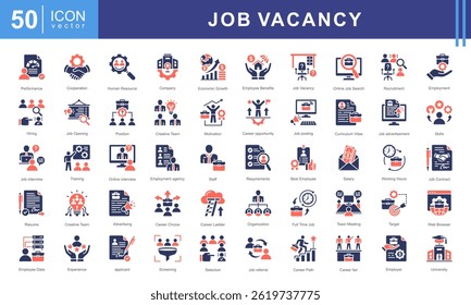 Job Vacancy icon collection set. Containing online job search, requirements, recruiting, employment, human resource management, employee skills, career ladder icon. Simple vector illustration.