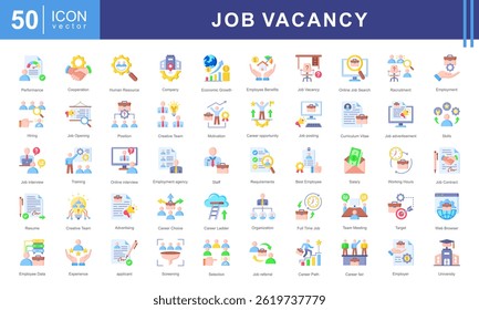 Job Vacancy icon collection set. Containing online job search, requirements, recruiting, employment, human resource management, employee skills, career ladder icon. Simple vector illustration.