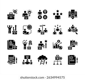 Conjunto de coleta de ícone de vaga de cargo. Contendo pesquisa de emprego on-line, requisitos, recrutamento, emprego, gerenciamento de recursos humanos, habilidades do funcionário, ícone de progressão de carreira. Ilustração simples de vetor plano.