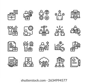 Job vacancy icon collection set. Containing online job search, requirements, recruiting, employment, human resource management, employee skills, career ladder icon. Simple line vector illustration.