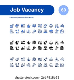 Conjunto de iconos de vacante de trabajo. con 3 iconos de estilo (color lineal, sólido, mixto).