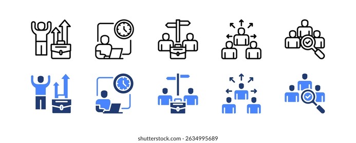 Ícone de vaga de cargo definido com Desenvolvimento de carreira, Cargo em período integral, Escolha de carreira, Terceirização, Recrutamento.	