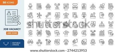 Job Vacancy icon set. Contain icons related to recruitment, hiring, employment, human resource, career, interview, training, skills, candidate, resume, and more. Editable stroke. Vector Illustration