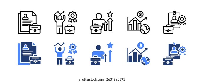 Ícone de vaga de emprego definido com CV, Motivação, Promoção de emprego, Crescimento econômico, Melhor funcionário.