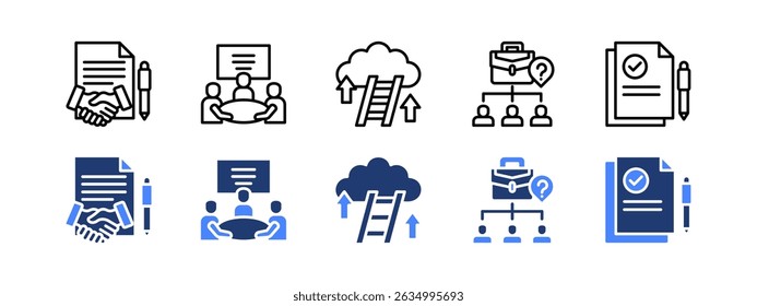 Job vacancy icon set with Team meeting, Career Ladder, Job position, Resume, Contract.
