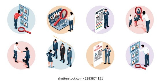 Oferta de empleo Composiciones redondeadas isométricas con directivos de hr que se dedican a la contratación y la elección de candidatos ilustraciones vectoriales aisladas