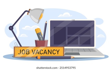 Laptop de vagas de emprego. Computador portátil perto da lâmpada. Caçada de cabeça e recrutamento na empresa. Emprego na organização. Nós contratamos. Ilustração de vetor plano isolada no plano de fundo branco