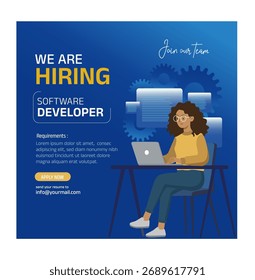 emprego vaga cartaz vetor ilustração. estamos contratando desenvolvedor de softwear. uma mulher trabalhando no laptop. programação trabalho abstrato.