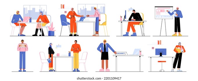 Job vacancy and recruitment concept with people candidates and hr managers in office. Business employment, human resources. Vector flat illustration of company workers hiring staff