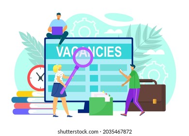 Job vacancy at screen, vector illustration. Man woman person search work online, business worker candidate look for professional employment.