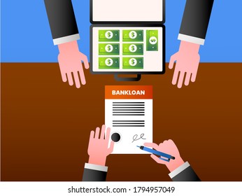 Job vacancy vector concept: business people standing near laptop and smartphone projecting job vacancy searching