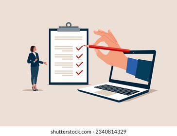 Oferta de empleo. Mujer y а de mano de computadora sosteniendo lápiz rojo y lista de relleno. Evaluación de entrevistas. Formulario de encuesta con lápiz rojo. Ilustración del vector