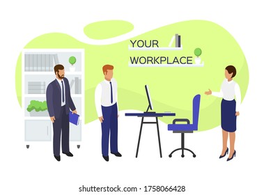 Job vacancy workplace hire, vector illustration. Employment at office, flat hiring and recruitment concept. Business employee interview at workplace background, man wanted career in company.