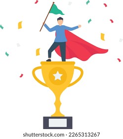 Job Victory, business achievement, award winning, accomplishment for leadership success, determination for career success flat concept, businessman winner raising flag on winning trophy.