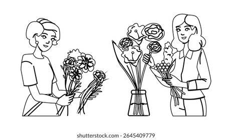 mulher de trabalho organizando buquê vetor. cuidados com avental, casa de serviço, trabalhador jovem mulher de trabalho organizando buquê personagem. pessoas linha preta lápis desenho ilustração