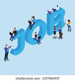 Job word with group of people isometric 3d flat vector illustration concept for banner, website, landing page, ads, flyer template, etc
