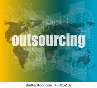 Job, work concept: words Outsourcing on digital screen, 3d vector quotation marks with thin line speech bubble.