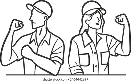 Job-hunting men and women doing fist pump, success, employment, career, opportunities, achievement, excitement, line art vector illustration, modern line art.