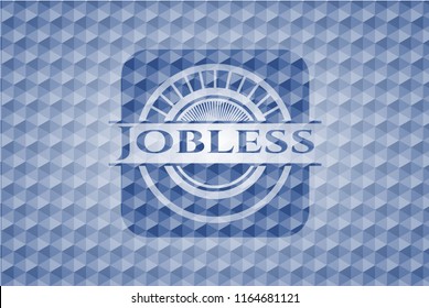 Jobless blue emblem with geometric pattern background.