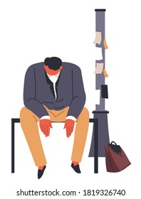 Jobless character sitting on bench outdoors, depressed man with no job. Unemployed personage with briefcase frustrated and sad male. Desperate and anxious gut upset and worried vector in flat style