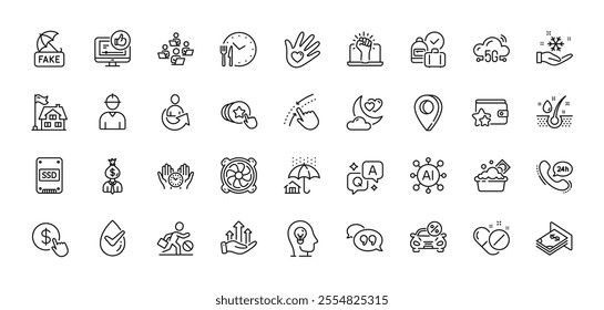 Jobless, Fake news and Dermatologically tested line icons pack. AI, Question and Answer, Map pin icons. Car leasing, Share, Hold heart web icon. Ssd, Empower, Loyalty program pictogram. Vector