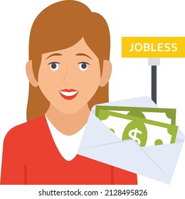 Jobless Girl Getting Money In Mail Concept, Citizens Income Vector Icon Design, Economic Assistance Symbol, Unemployment Benefits Sign, Unconditional Income Stock Illustration