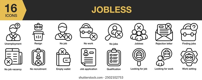 Jobless icon set. Includes empty wallet, finding jobs, no jobless, qualification, resign, and More. Outline icons vector collection.