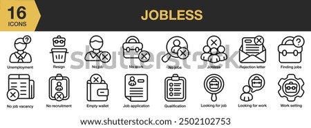 Jobless icon set. Includes empty wallet, finding jobs, no jobless, qualification, resign, and More. Outline icons vector collection.