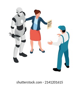 Jobless isometric icon with boss firing man and replacing him with robotic worker 3d vector illustration