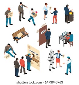 Jobless isometric set of beggars needy tramps fired characters and workers looking for temporary work isolated vector illustration  