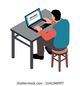 Jobless man searching for job online on laptop isometric 3d icon vector illustration