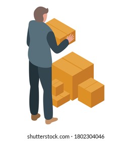 Hombre sin trabajo toma el icono de los paquetes. Isometric de los hombres sin trabajo toman paquetes icono vectorial para el diseño web aislado en fondo blanco
