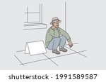 Jobless people during great depression concept. Young stressed unhappy man cartoon character sitting on street striving for work and money during great american depression vector illustration 