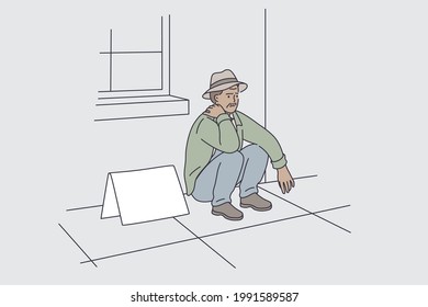 Jobless People During Great Depression Concept. Young Stressed Unhappy Man Cartoon Character Sitting On Street Striving For Work And Money During Great American Depression Vector Illustration 