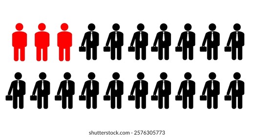 Jobless ratio clip art isolated in white. 3 from 20 people are jobless concept human stick vector illustration for digital or print usage. Business economic data concept simple