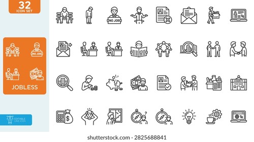 Jobless Vector illustration line editable Icons set. Contains icons related to jobless, firing, retirement, and more. on white background.