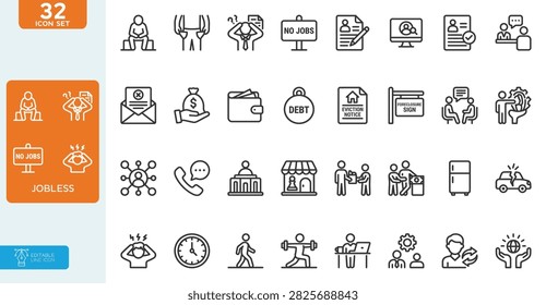 Jobless Vector illustration line editable Icons set. Contains icons related to jobless, firing, retirement, and more. on white background.