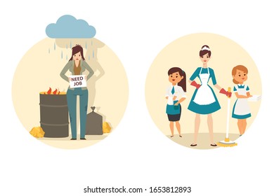 Jobless woman finds new job as maid, people before and after employment, vector illustration. Cleaning lady at work, cartoon character in hotel uniform. Social program for unemployed people, job women